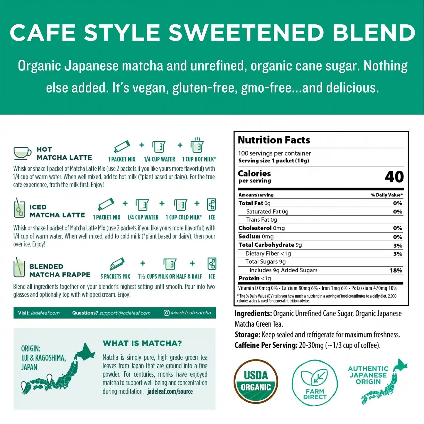 Organic Cafe Style Sweetened Matcha Latte Mix - Original - Stick Packs