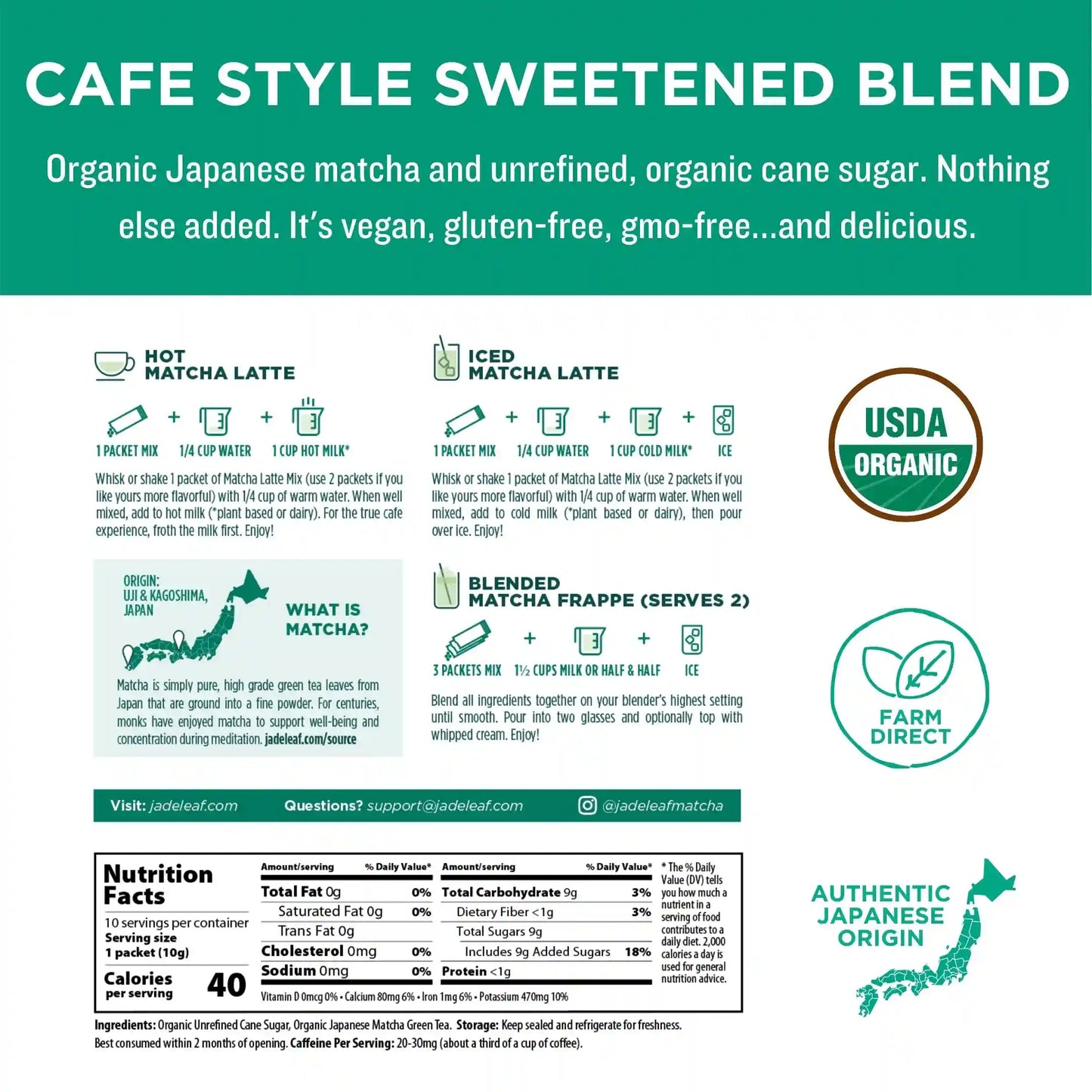 Organic Cafe Style Sweetened Matcha Latte Mix - Original - Stick Packs