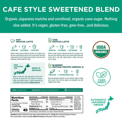 Organic Cafe Style Sweetened Matcha Latte Mix - Original - Stick Packs