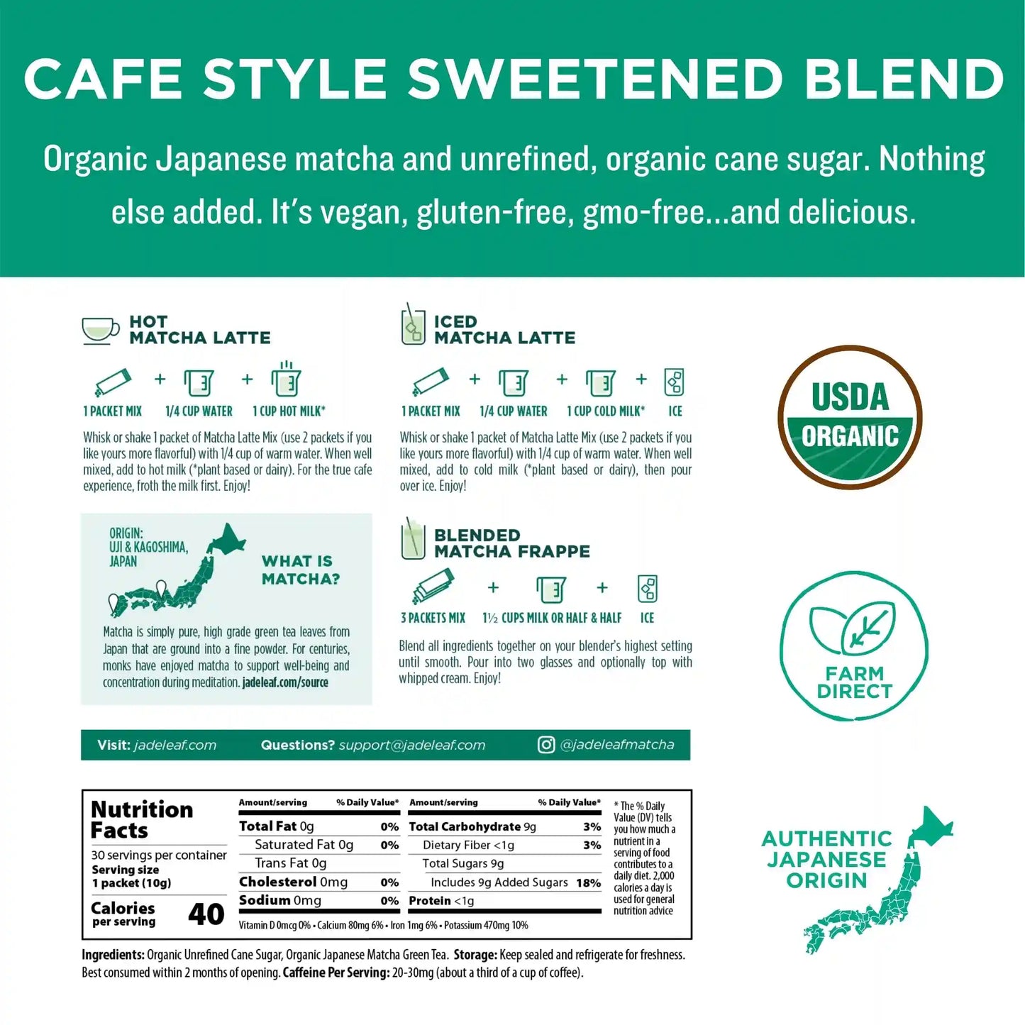 Organic Cafe Style Sweetened Matcha Latte Mix - Original - Stick Packs