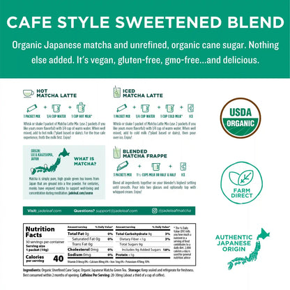 Organic Cafe Style Sweetened Matcha Latte Mix - Original - Stick Packs